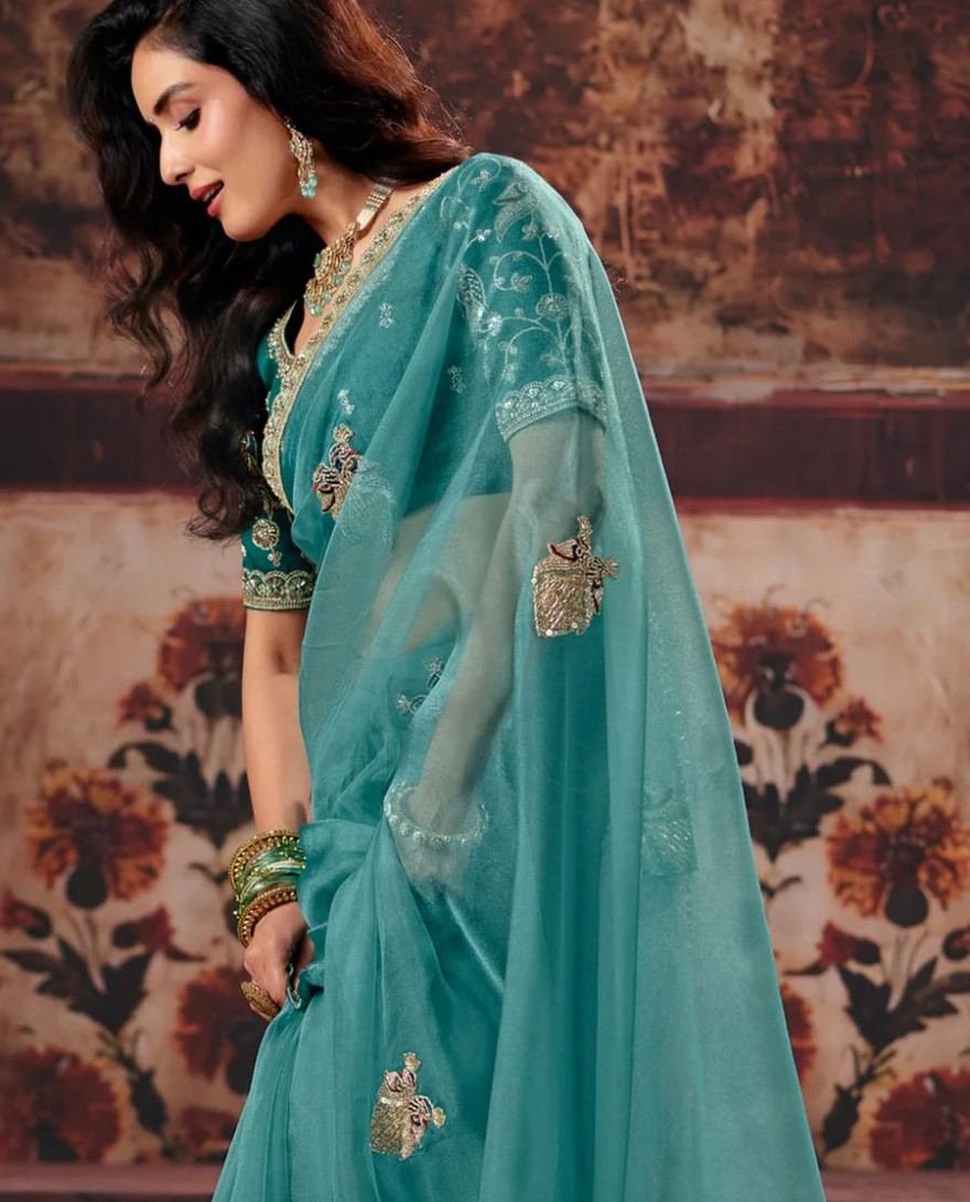 1007 - Sea Blue Designer Style Festive Wear Saree